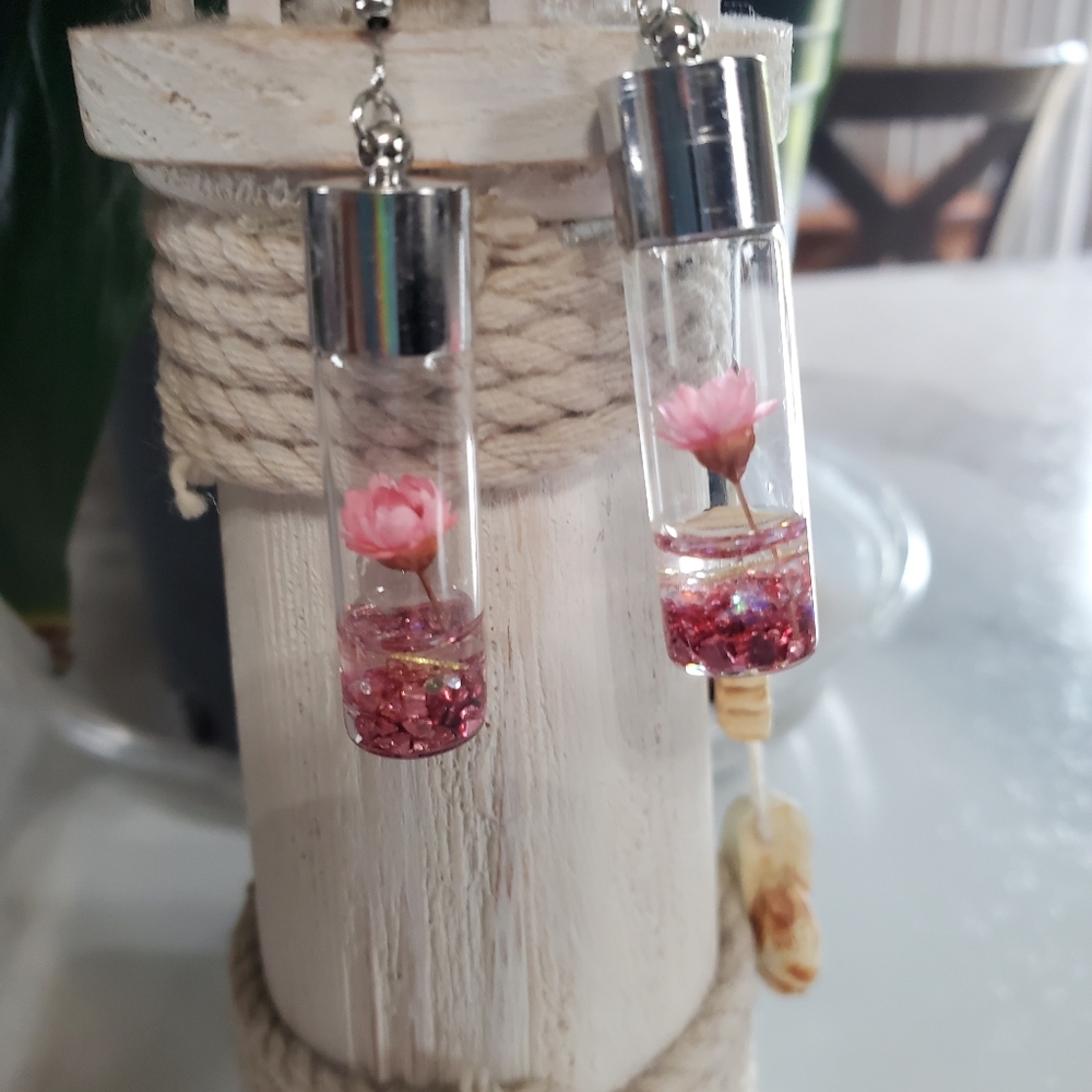 Pink Wish Flowers Glass Bottle Dangle Earrings - Picture 3 of 14